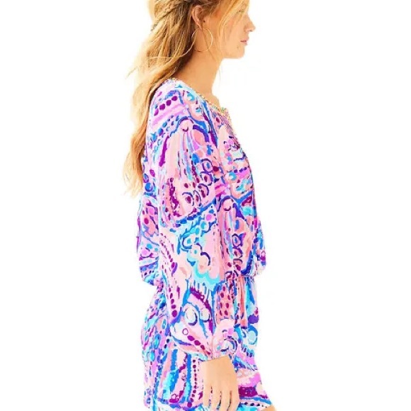 Lilly Pulitzer Colony Coral Shell Out Colby Pink Blue Print Romper M - Picture 2 of 12